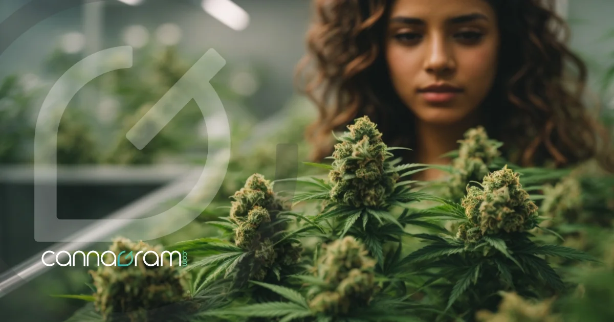 Woman examining premium marijuana buds - Explore our feminized and auto-flowering strains today on cannagram cannabis shop online