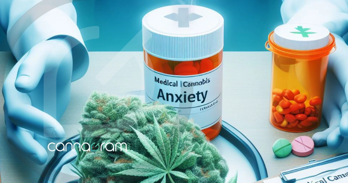 A CBD specialist doctor's hand carefully handling a cannabis flower alongside CBD anxiety medications on a table - CBD benefits post by Cannagram, a cannabis delivery service in Sacramento