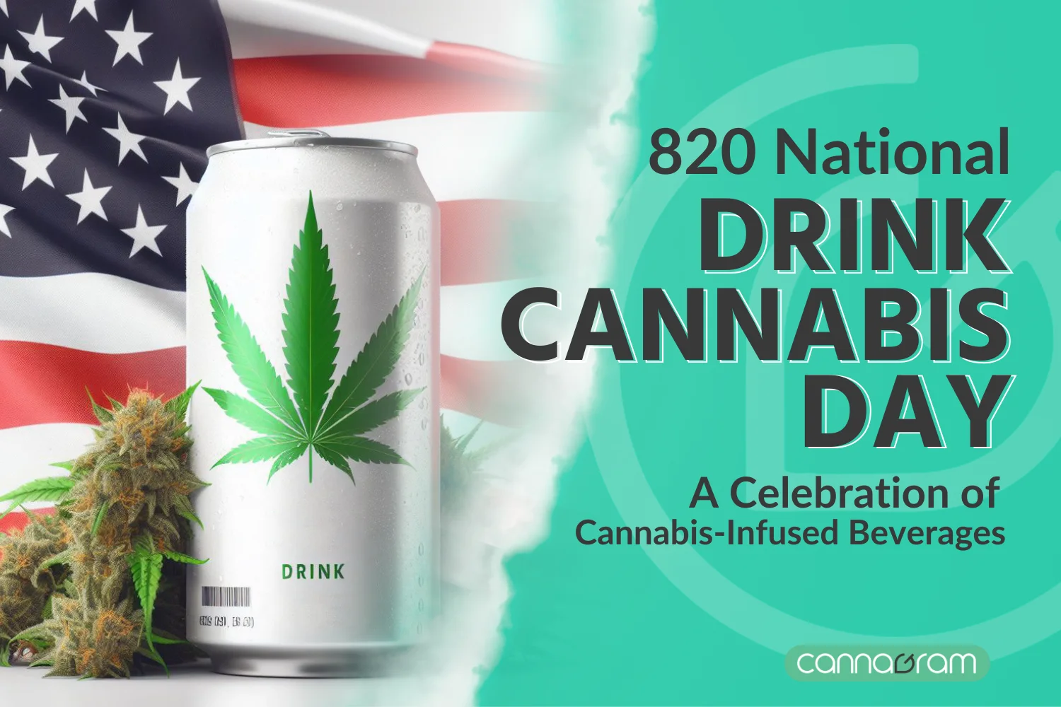 A cannabis-infused-drink-can-reminiscent-of-the-Cann-Drink-brand,-surrounded-by-marijuana-buds-and-featuring-the-United-States-flag-in-the-background.-It's-a -celebration-of-National-Cannabis-Drinking-Day-with-THC-drinks-CBD-drinks-and-more