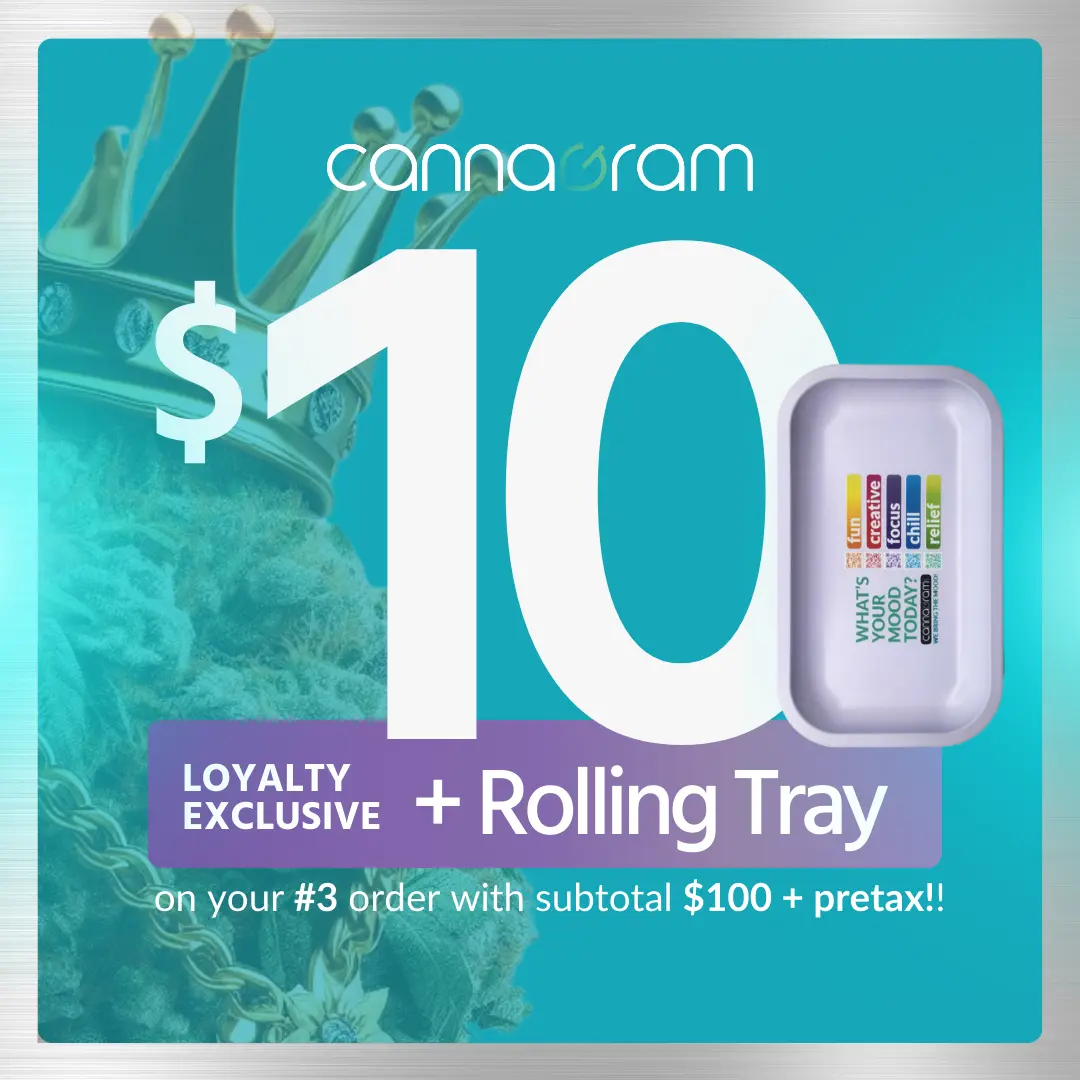 Exclusive $10 loyalty offer from Cannagram, including a rolling tray.