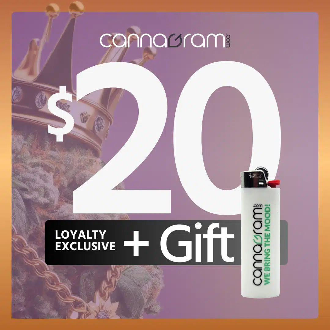 $20 loyalty exclusive offer from Cannagram with a free lighter gift.