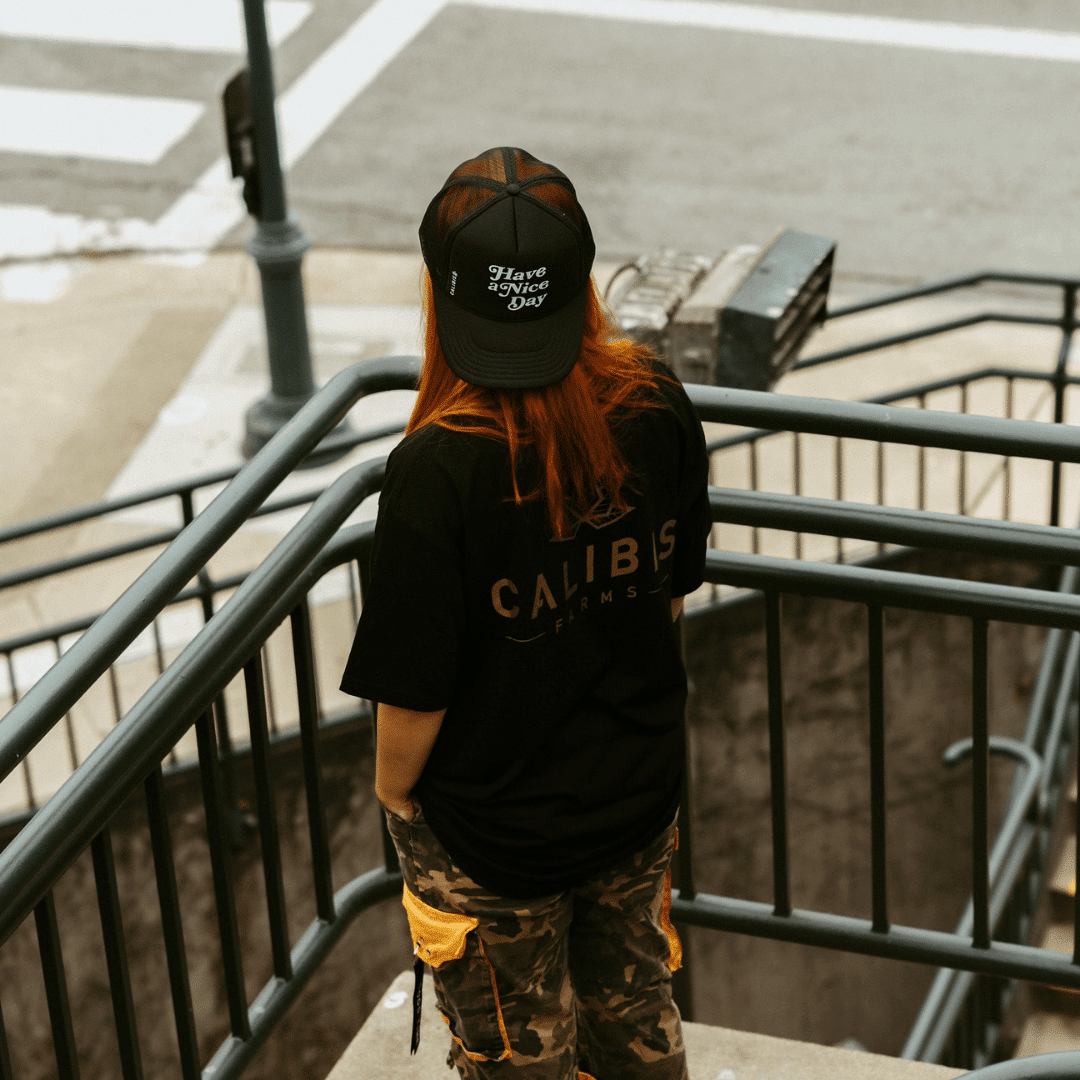 Calibis Farms representative overlooking a staircase, showcasing premium cannabis delivery service by Cannagram in Sacramento and surrounding areas.