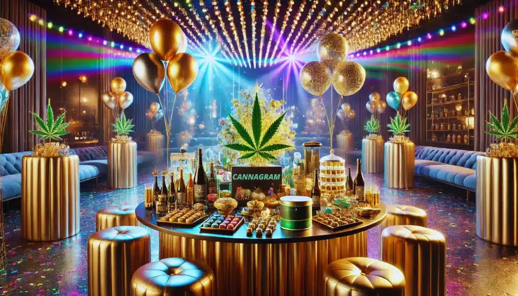 A vibrant New Year’s Eve party setup featuring gold and silver balloons, colorful party lights, and a central table adorned with Cannagram products such as beverages, edibles, and flower.