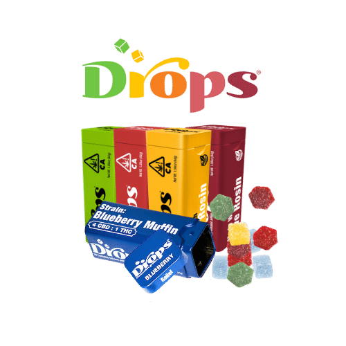 Colorful Drops cannabis edible packages featuring flavors like Blueberry Muffin, Tropical Punch, and Watermelon, with vibrant gummy candies displayed in front.