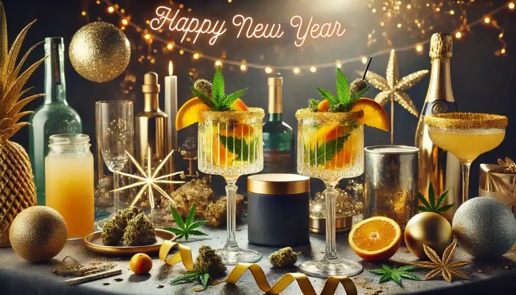 Elegant glasses filled with infused mocktails, adorned with orange slices, mint leaves, and cannabis garnishes, on a festive table decorated with New Year’s ornaments, citrus fruits, and Cannagram products in the background.