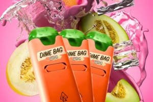 Three Dime Bag Switch 3-in-1 vape devices in vibrant orange with green tops, positioned in front of a colorful background featuring splashes of pink liquid, ice cubes, and fresh melon slices. The vapes display the 'Dime Bag Switch' branding and a cannabis compliance symbol.