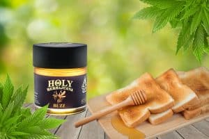 A jar of Holy Herbajuana Buzz cannabis-infused honey is placed on a wooden surface next to a serving of golden toast drizzled with honey. A wooden honey dipper rests on the toast, with fresh cannabis leaves framing the image against a blurred green background.