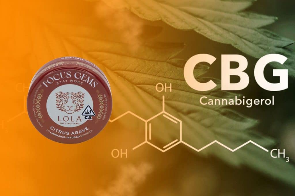 Image of a 'Focus Gems' Citrus Agave cannabis-infused gummies container by LOLA, featuring THC, THCV, and CBG. The background displays a cannabis leaf, the chemical structure of CBG (Cannabigerol), and an orange-green gradient.