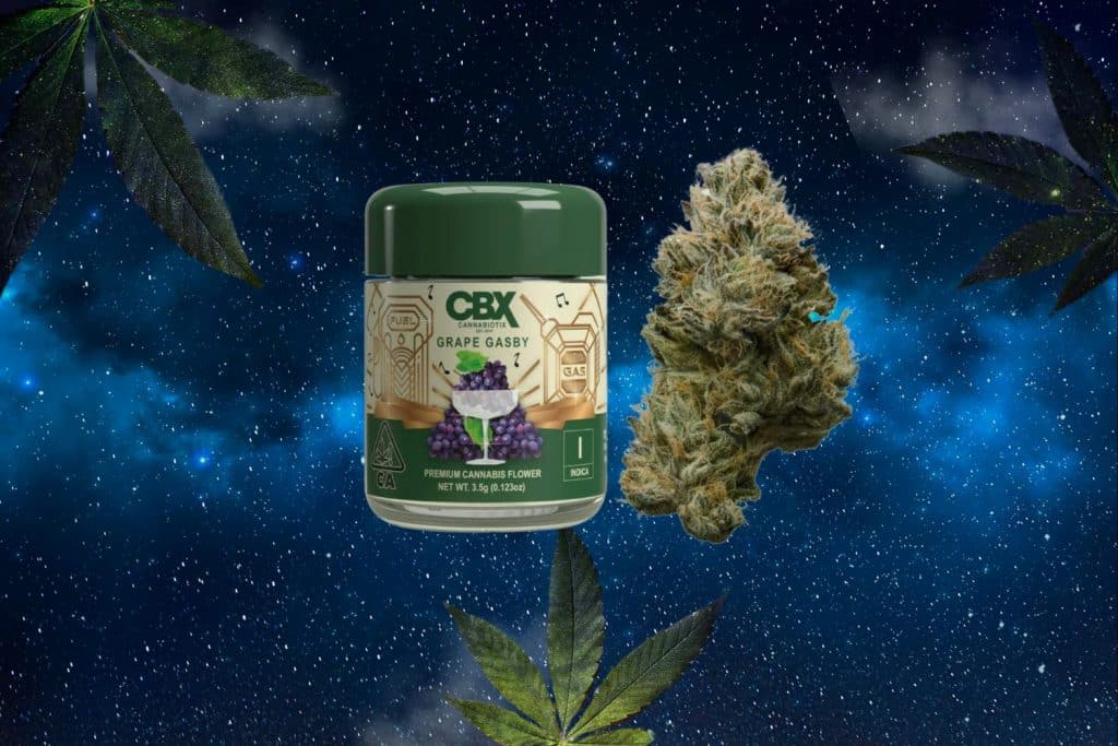 Jar of premium Grape Gasby flower by Cannabiotix (CBX) next to a dense cannabis bud, floating in a starry night sky with cannabis leaves around.