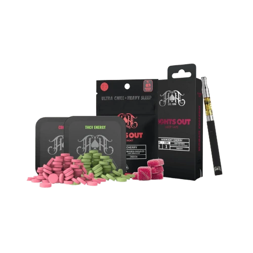 Heavy Hitters cannabis products in black packaging, featuring pink and green tablets, gummies, and a vape pen, available from Cannagram for weed delivery in the Sacramento region.