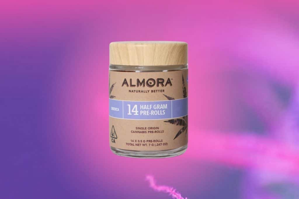 Almora 14pk Half Gram Pre-Rolls jar against a vibrant pink and purple gradient background.