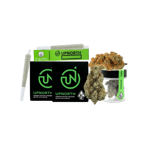 UpNorth cannabis flower in a clear jar and a preroll beside black packaging, available at Cannagram for weed delivery in the Sacramento region.