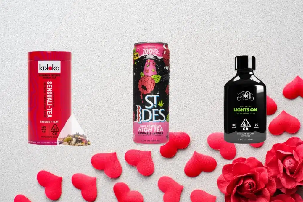 A romantic Weed Valentines Gift display featuring cannabis-infused beverages, including Kikoko Sensuali-Tea, St. Ides High Tea, and Lights On THCV Energy Elixir. The products are arranged with red hearts and roses on a soft-textured background, creating the perfect cannabis-themed Valentine's Day present.