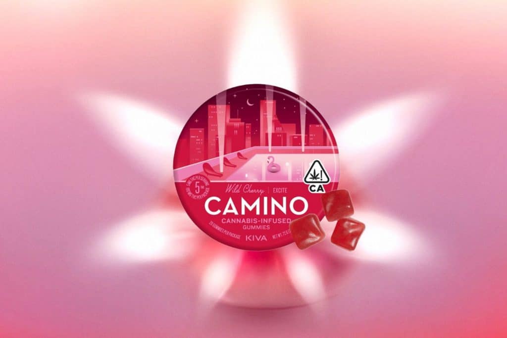 Camino Wild Cherry cannabis-infused gummies tin by Kiva, featuring a vibrant red cityscape design, with soft red lighting and gummies floating beside the tin.