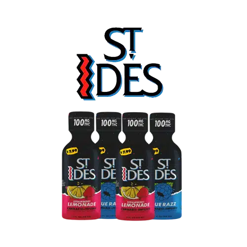 St. Ides 100mg THC-infused drinks in Blue Razz and Strawberry Lemonade, available for delivery in Sacramento via Cannagram.