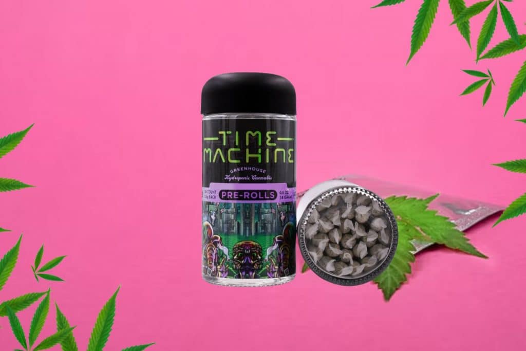 Time Machine Pre-Rolls container with hydroponic cannabis, featuring a futuristic design, displayed against a vibrant pink background with cannabis leaves and a sealed package.