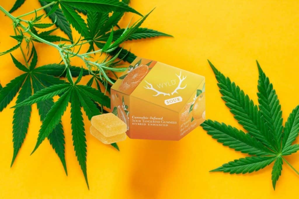 Wyld Sour Tangerine cannabis-infused gummies in a bright orange packaging, surrounded by fresh cannabis leaves on a yellow background.